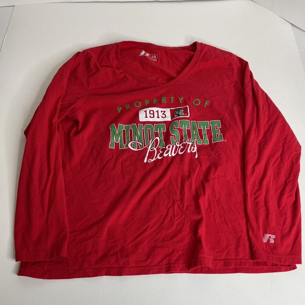 Minot State Beavers Womens V-Neck Long Sleeve Shirt, Red, Large, Russell - Picture 5 of 9